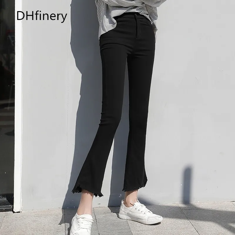 

high elastic Skinny pants women Waist 62-110CM black Slim was thin trousers autumn Fringed flared pants plus size XL-5XL B617
