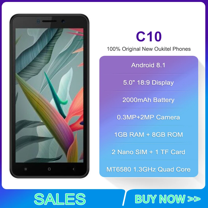 Oukitel C10 мобильный телефон 5 0 дюймов 18:9 дисплей 1 ГБ ОЗУ 8 Гб ПЗУ четырехъядерный MTK6580