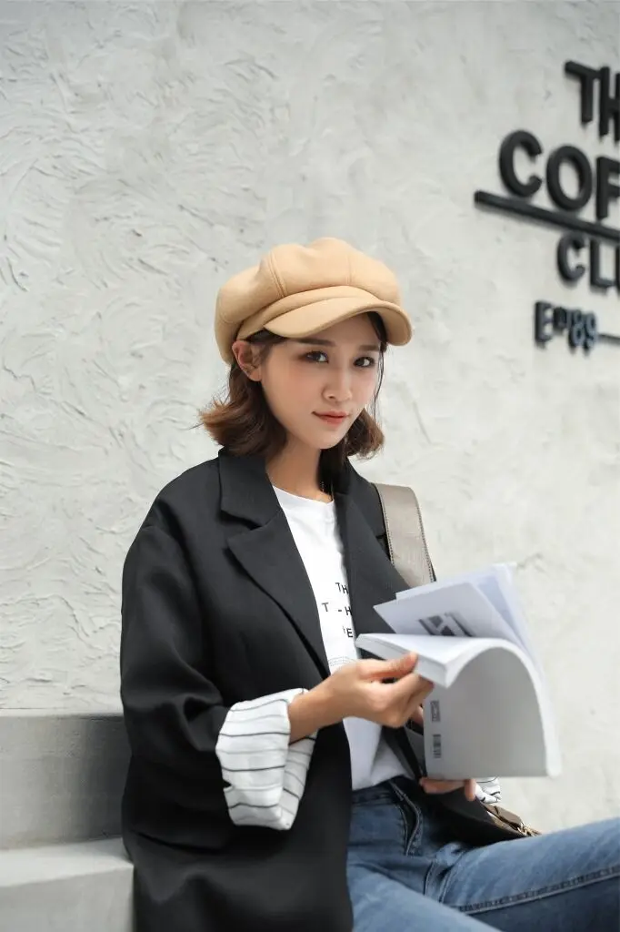 MAERSHEI wool Women Beret Autumn Winter Octagonal Cap Hats Stylish Artist Painter Newsboy Caps Black Grey Beret Hats