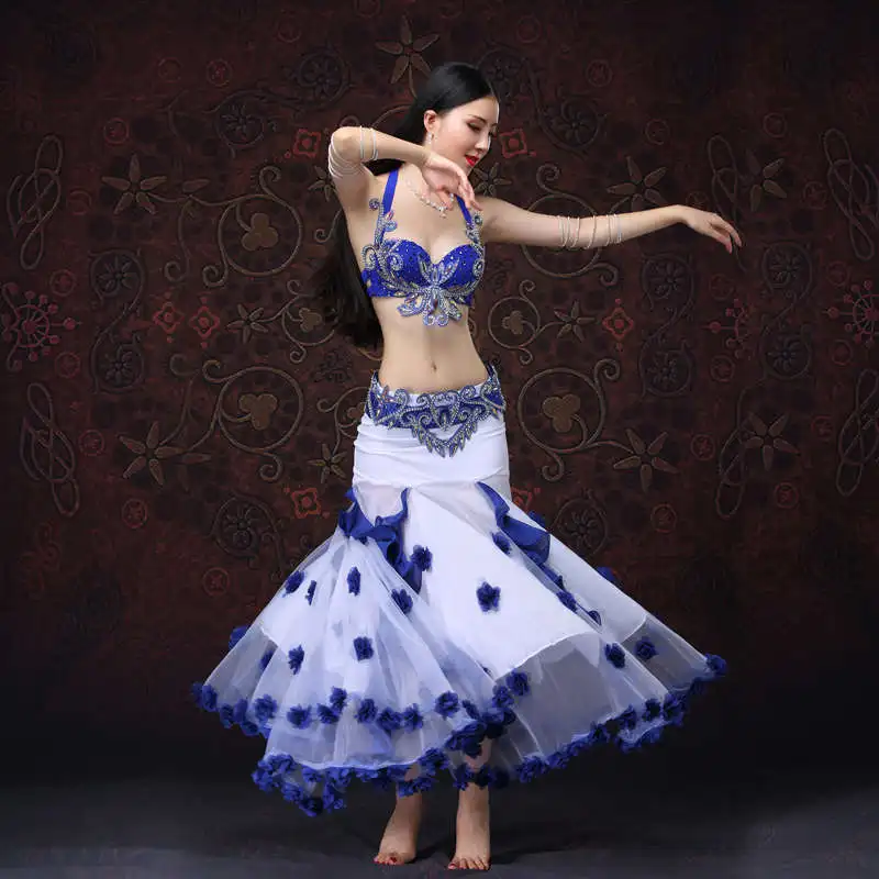 Blue Bra Belt Skirt Ropa живота Танцы костюм комплект из 3 предметов блестящие стразы костюм для восточного танца костюмы для Для женщин юбки для танца живота бюстгальтер пояс - Цвет: Blue Bra Belt Skirt