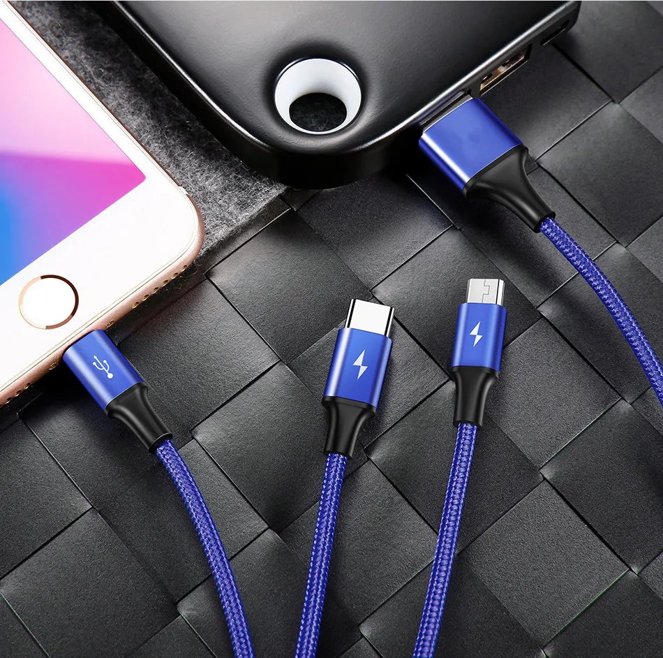 200cm All In One For Lightning 8Pin Micro USB Type C Data Cord Fast Charging 2M USB Cable For iPhone7 8 Xs Xiaomi Huawei Samsung