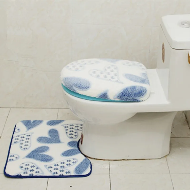 3 Pieces/Set Warm Heart Pattern Anti-Silp Bath Mat Flannel Contour Rug Lid Toilet Cover Carpet Bathroom Set | Дом и сад