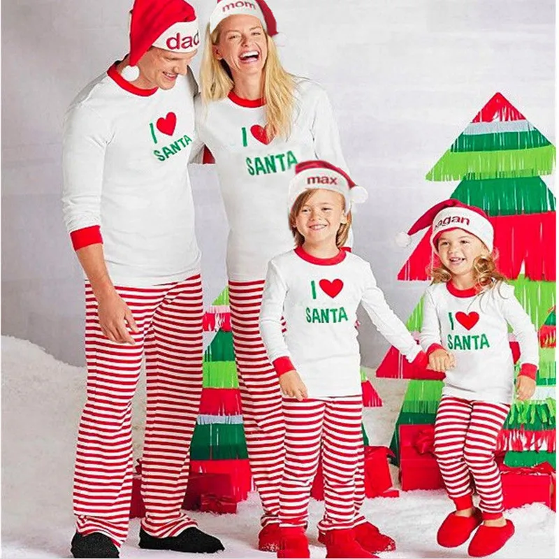 Xmas pjs полосатый соответствующие рождественские костюмы I LOVE santa пижамы наборы для