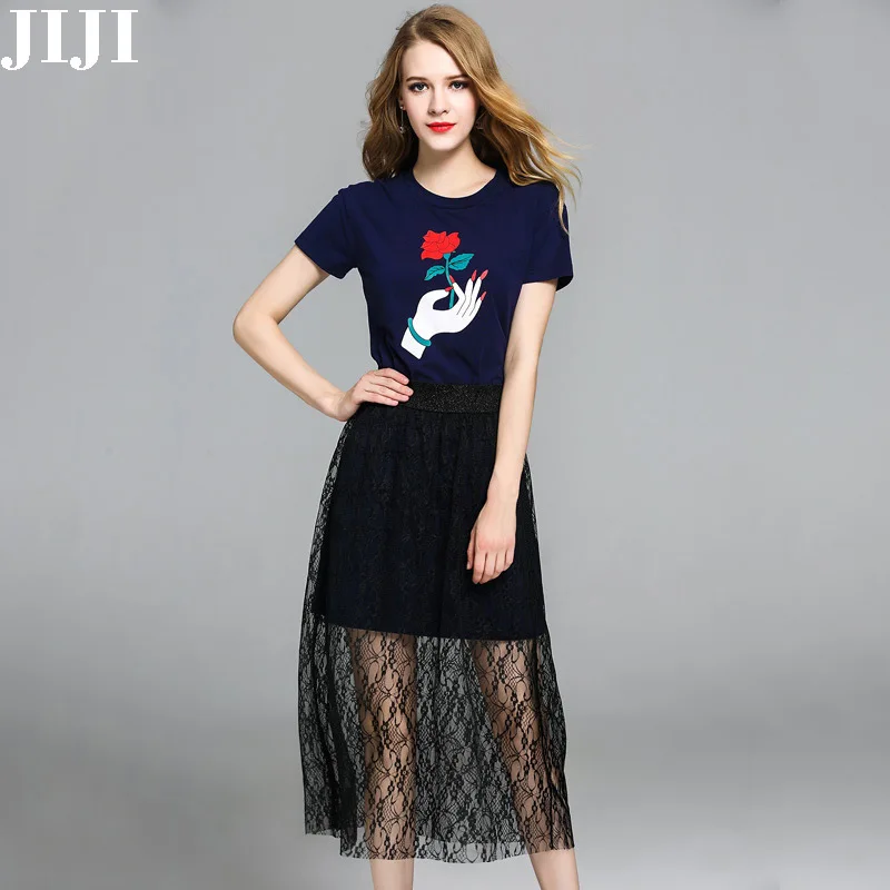 Jiji Новое поступление Летнее печатных символов хлопок кружево o-образным вырезом