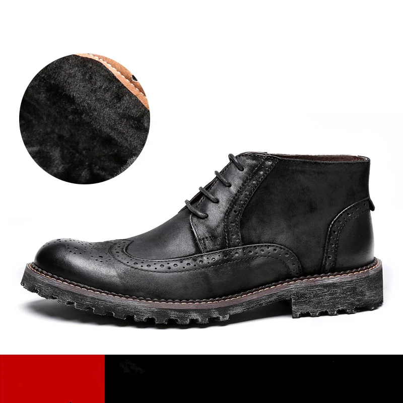 Black plush Американский размер 6-10, два тона, натуральная кожа, на шнуровке, формальное платье, ажурные оксфорды, мужская повседневная обувь, броги на платформе, Ботинки martin - Цвет: Black plush