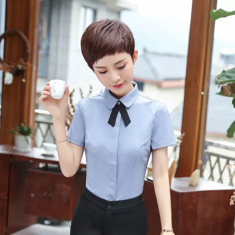 

Summer Fashion Solid Womens Shirt OL Business Formal Slim Short Sleeve Blouse Office Ladies Work Plus Size 4XL Tops YR8670 T05