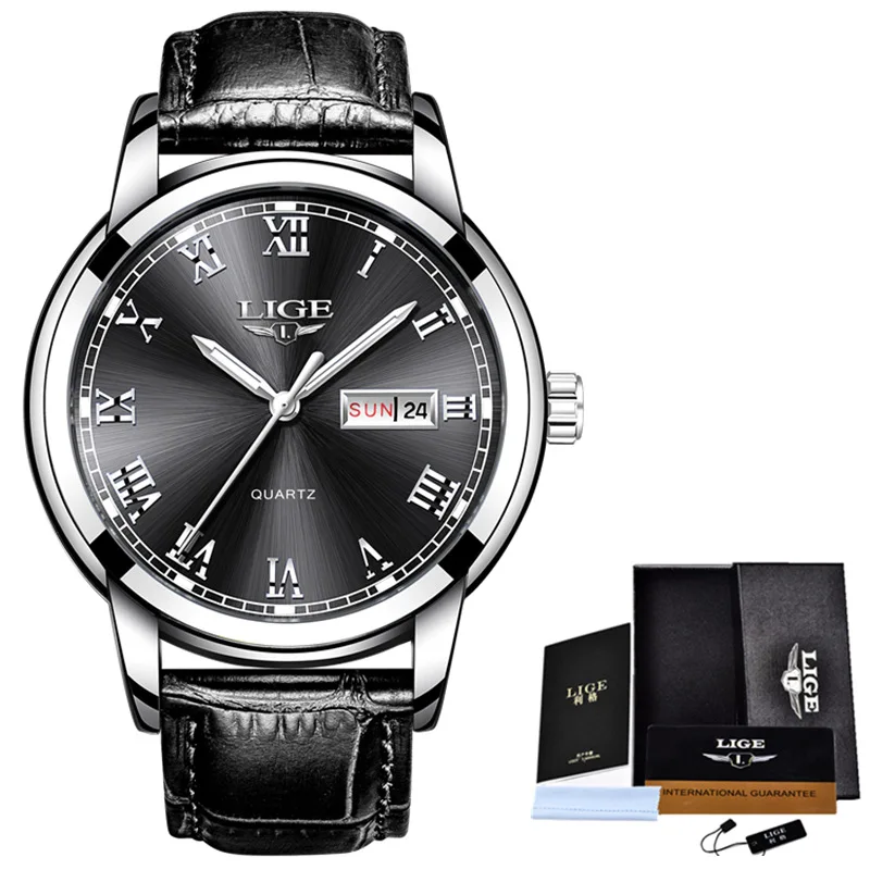 Leather Silver Black LIGE часы мужские модные спортивные Кварцевые полностью стальные золотые деловые мужские s часы Лидирующий бренд Роскошные водонепроницаемые часы Relogio Masculino - Цвет: Leather Silver Black