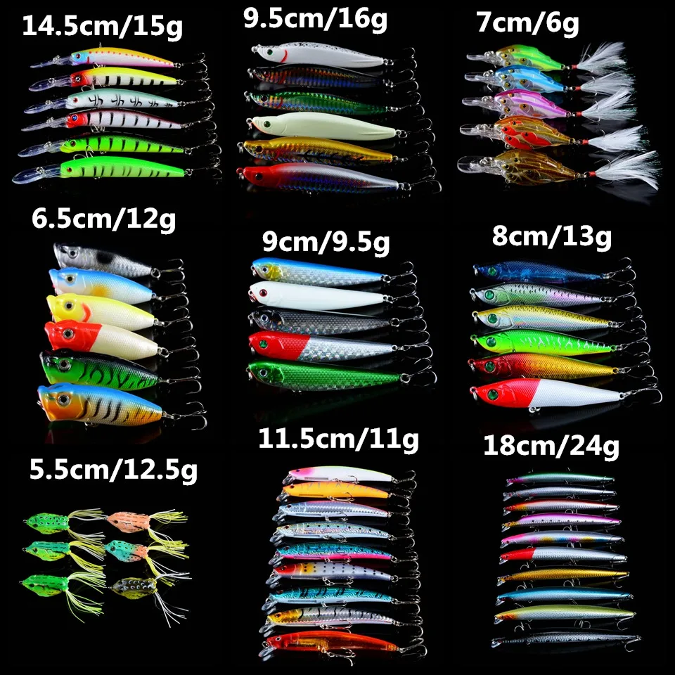 LINGYUE 60pcs/lot Fishing Lures Mixed 9 Model Hard Baits Minnow /Popper/Pencil/Lead Lure and Soft Frog bait Mix Plastic bait