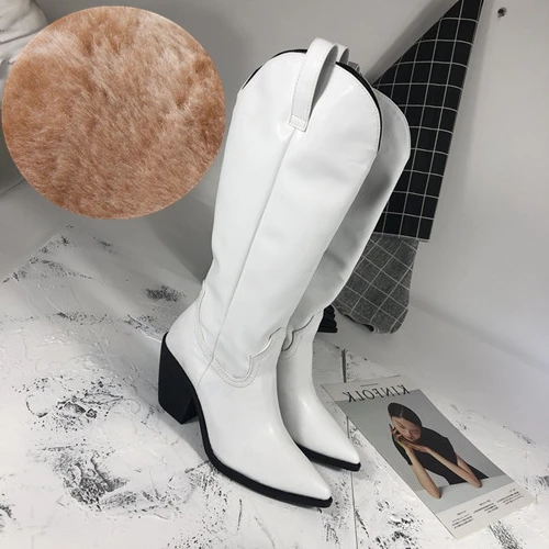 4 white winter Модные женские ботильоны из выбитая микрофибра; ковбойские ботинки с острым носком в западном стиле; женские ботинки до середины икры на массивной танкетке для подиума - Цвет: 4 white winter