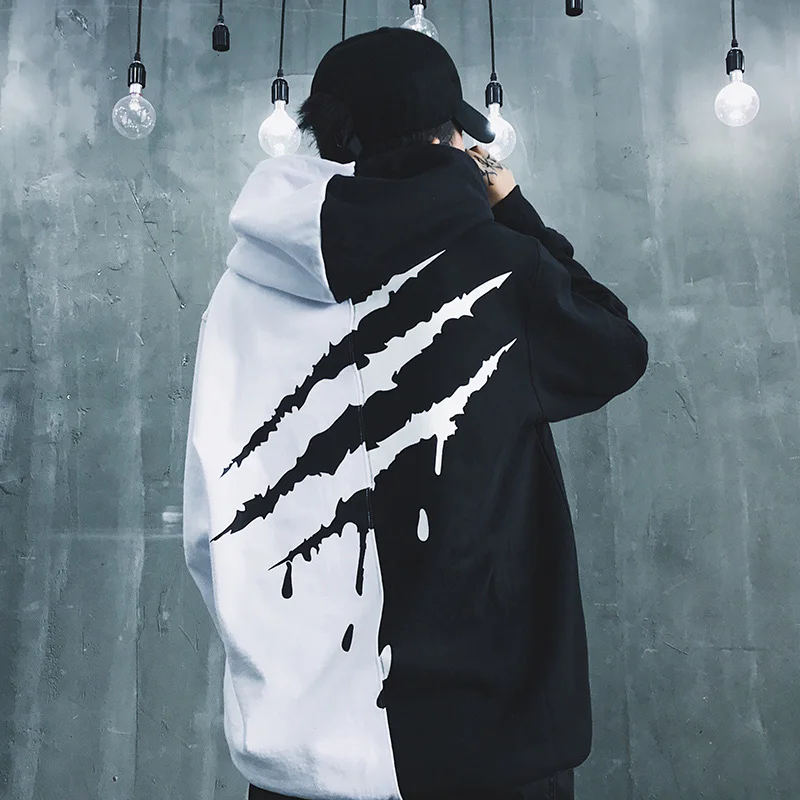 Black White  Splice Hoodies Oversize Hip-hop Style Hoodie Autumn Winter Warm Thick Hoodies US Size XS-XL