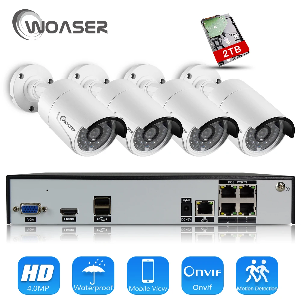 Woaser 4ch H.265 48 В PoE NVR CCTV Системы комплект 4.0mp ov4689 IP Камера P2P ИК Открытый Всепогодный