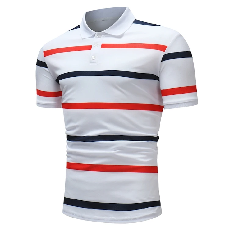 Mens Polo Shirt Male Short Sleeve Casual Slim Striped Polos shirts Summer Beach Cotton Holiday Printed Tees Tops White Blue | Мужская