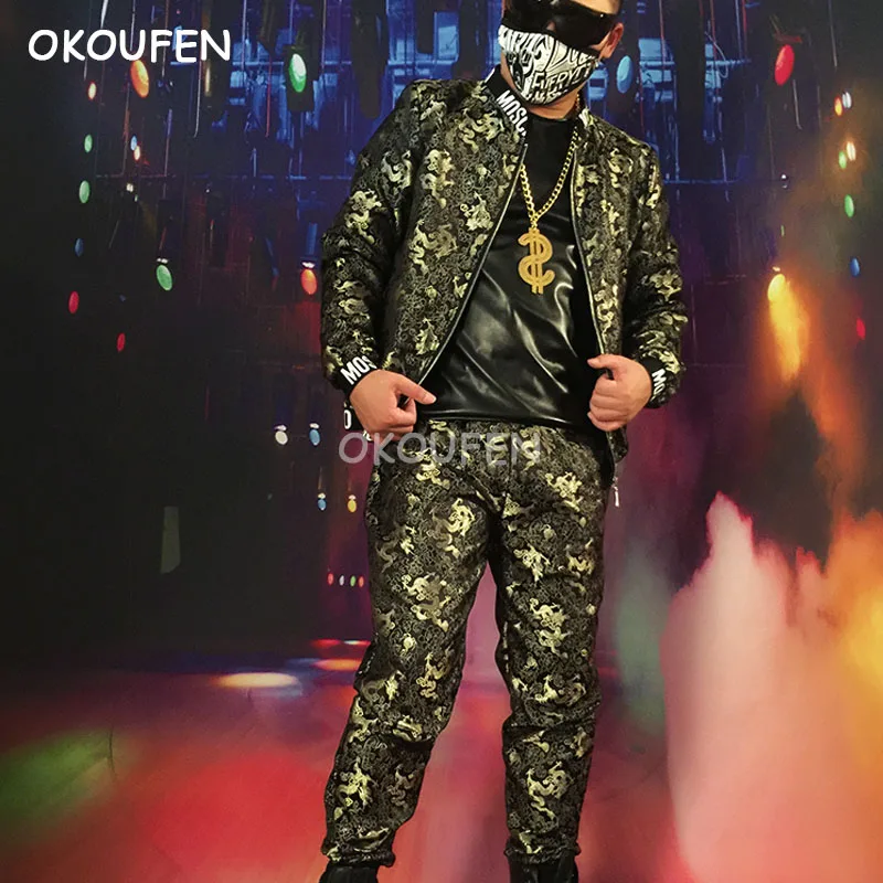

Fashion New Embroidery Gold Dragon print Jacket night club bar male singer DJ hairdresser stage show performance wear