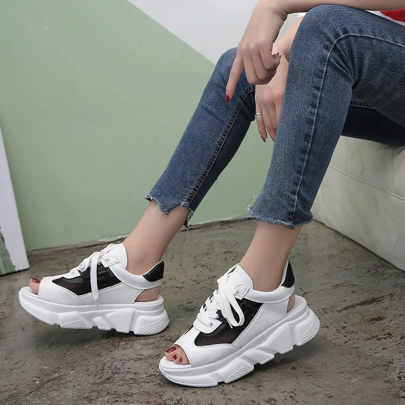 

2021 Summer Thick Sole Women Sandals Roma High Heel Ulzzang Platform Sandals Woman Mesh Leather Breathable Female Beach Sandals