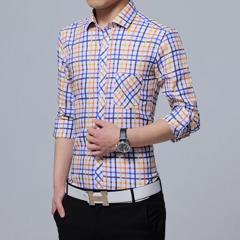 2017 Мужская рубашка мужская модельная модная повседневная клетчатая с длинным