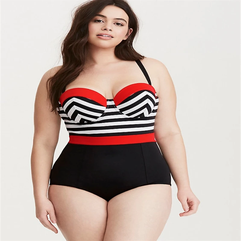 

2018 NEW Strip Print red/Black Patchwork Women One Piece Swimsuit Plus Size XL TO 4XL Push Up High Big Bathing Suit Biquini