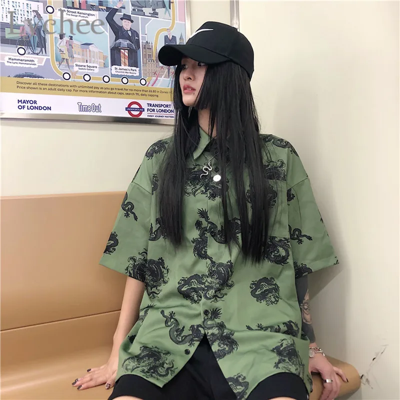 Lychee Harajuku с принтом дракона, женская рубашка, блузка, Темный Короткий рукав, отложной воротник, свободные летние зеленые женские рубашки, блузки