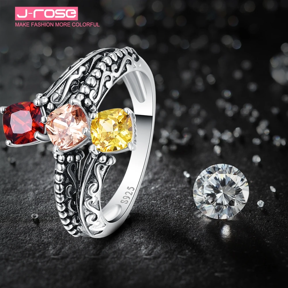 Женское вечернее кольцо Jrose 5*5 мм из 3 камней Morganite &amp Гранат 100% Серебро 925 пробы