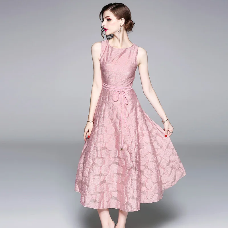 2018 летнее женское розовое жаккардовое платье без рукавов roes Vestidos длинное на