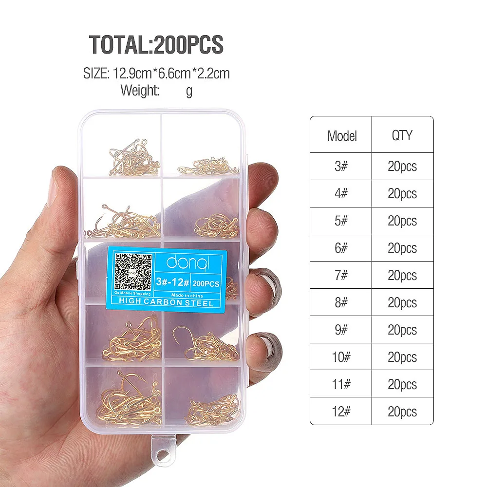DONQL 200-700pcs/ Set Fishing Hooks Barbed Carp Single Fishihook 3#-12# Jig Fly Fishing Hooks Carbon Steel Sea Accessories - Цвет: 200pcs