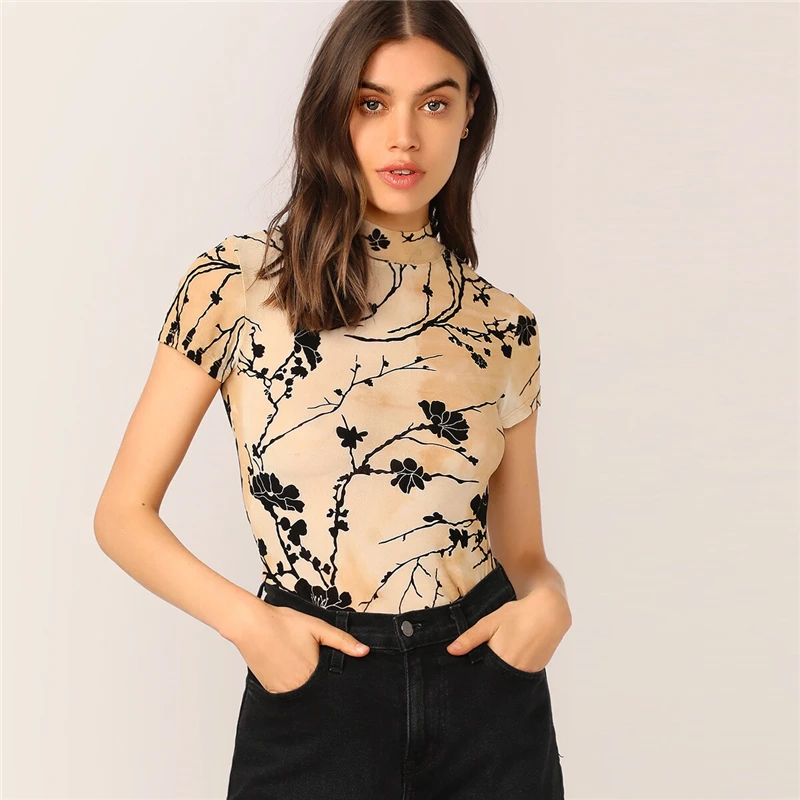 SHEIN Mock Neck Tie Dye растительный принт женские сетчатые топы летние Highstreet Тощий стоячий воротник Кепка рукав кроп женская футболка