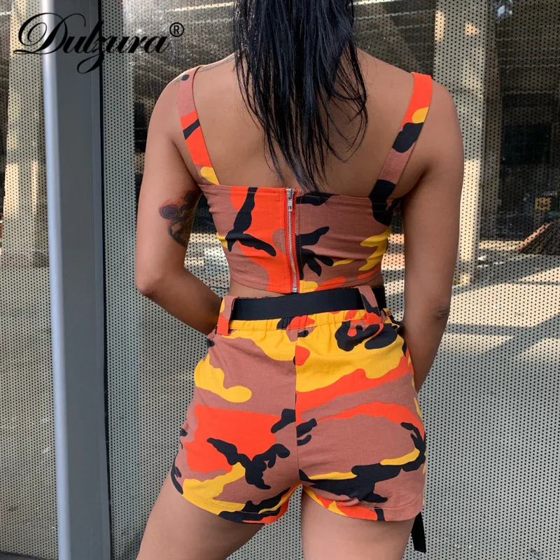 Dulzura summer women two piece set shorts set camouflage streetwear crop top outfit cargo pocket tracksuit 2 piece clothes