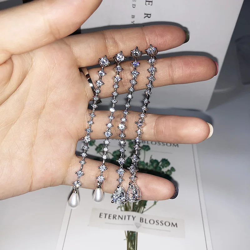 OMHXZJ Wholesale European Fashion Woman Party Birthday Wedding Gift Pearl Zircon Long Tassel 18KT White Gold Stud Earrings EA517 | Украшения