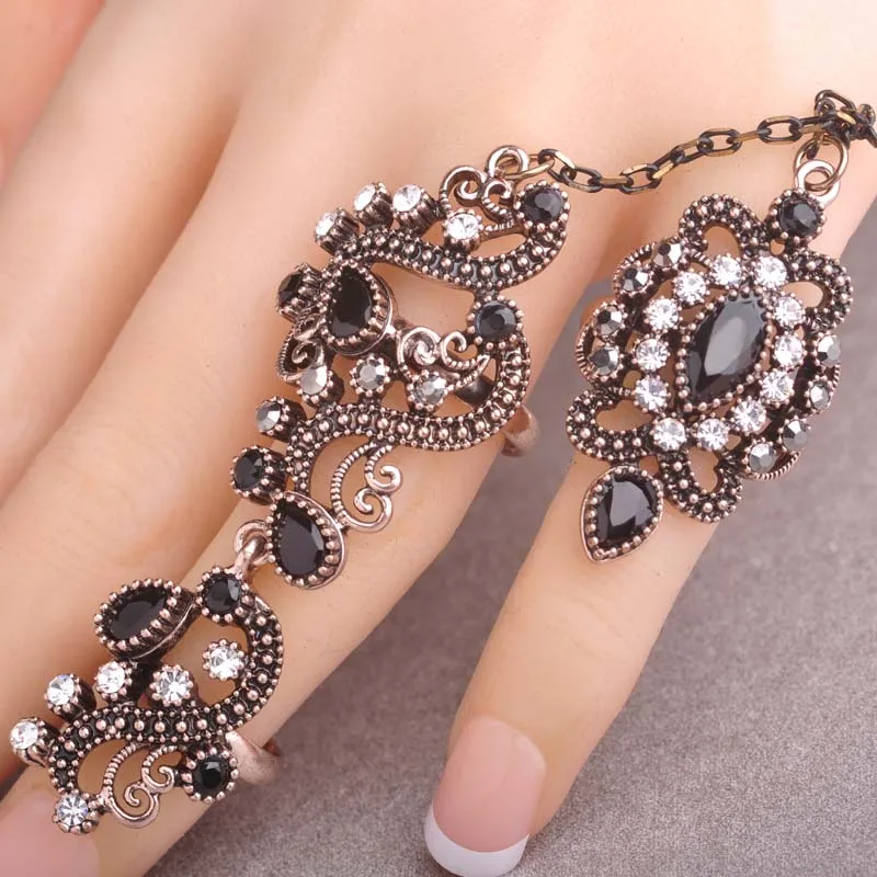 Blucome Adjustable Turkish Two Finger Rings for Women, Red Resin Hollow Out Flower Vintage Jewelry, Party Accessories image 4