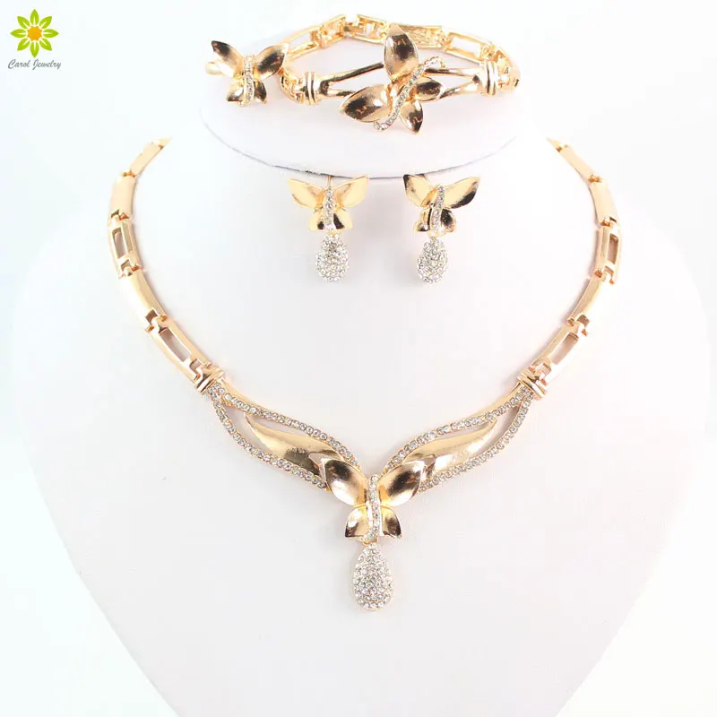 Fashion Butterfly Pendant Crystal Necklace Earrings Set Gold Color African Bridal Costume Jewelry Sets | Украшения и аксессуары