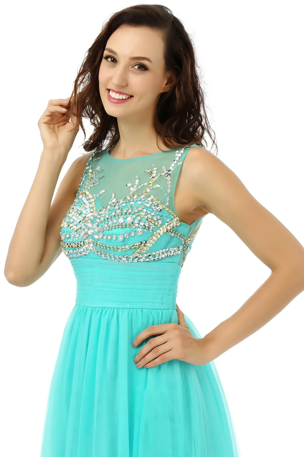 

Turquoise Evening Dresses A-line Floor Length Organza Beaded Crystals See Through Long Evening Gown Prom Dress Prom Gown