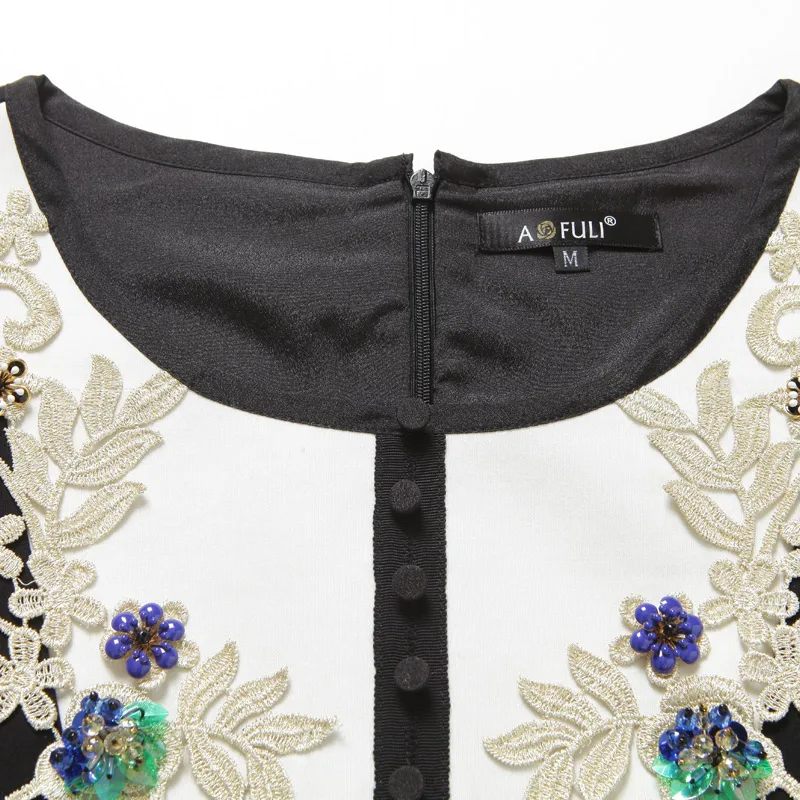 M~ 4XL Women Embroidery Dress With 3D Flowers Applique 3/4 Sleeves Short Retro Slim Casual Plus Size AOFULI B2751 | Женская одежда