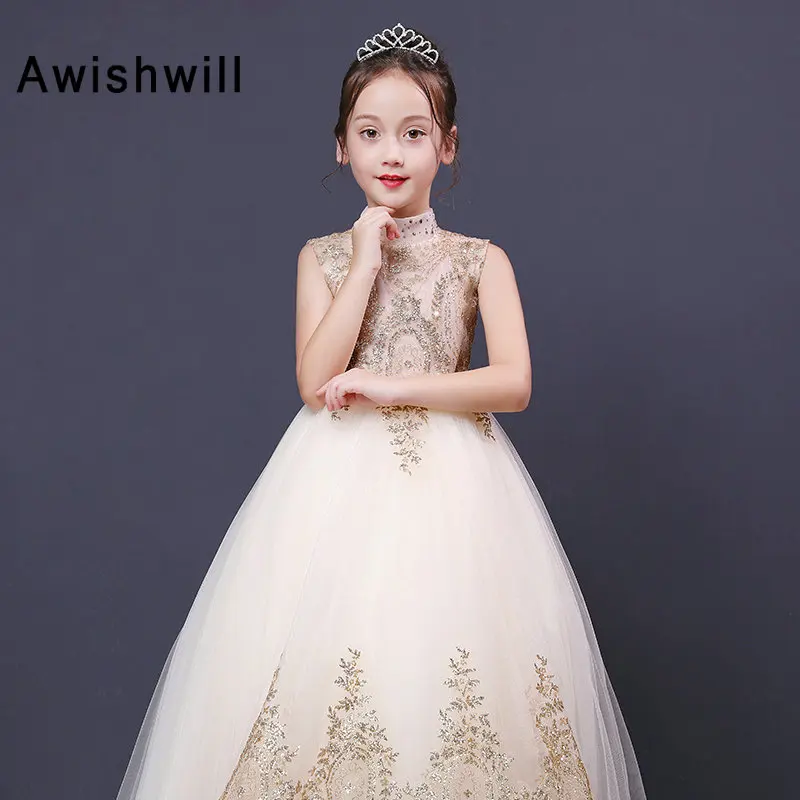 New Arrival 2020 Flower Girl Dresses High Neck Gold Lace Pagenat Dress Sleeveless Ball Gown Kids Party | Свадьбы и торжества