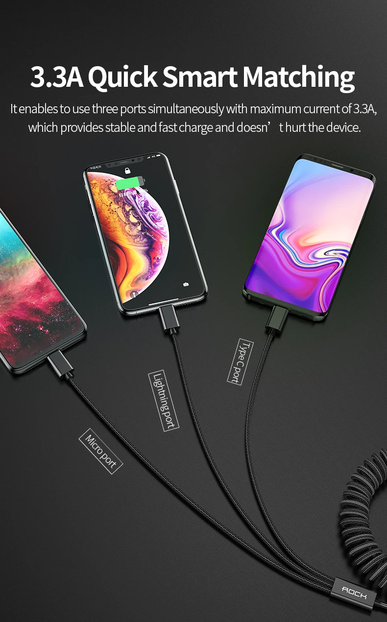 ROCK 2M 3 в 1 зарядное устройство Micro USB type c кабель Быстрая зарядка для iPhone x xs max для samsung galaxy s10 xiaomi для ios 8