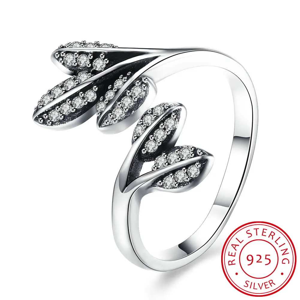 

Genuine 100% S925 Silver Ring With Leaf Elegant Pave Cz Wedding Gift For Women Engagement Ring Jewelry Adjustable