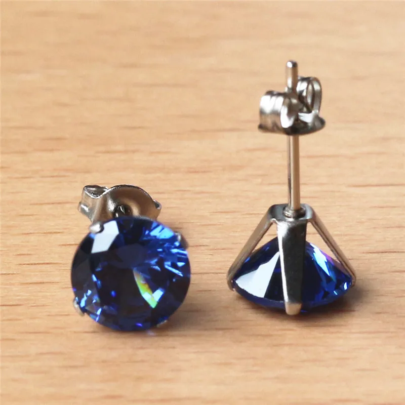 316 L Stainless Steel With 8mm Round AAA Tanzania Blue Zircon Stud Earrings For Men And Women 201903011420