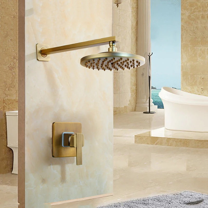 

8 inch Antique Brass bathroom shower set dusche Round Wall Mounted with Control valve Rainfall Shower Head mixer Faucet Set