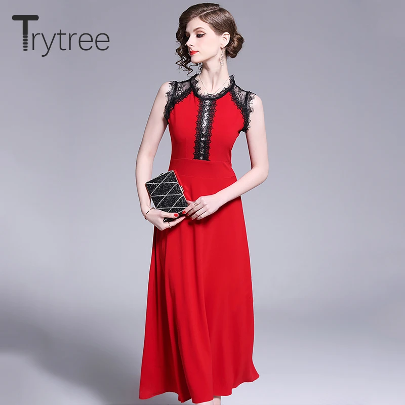 Trytree летнее уличное элегантное платье кружевное лоскутное женское без рукавов