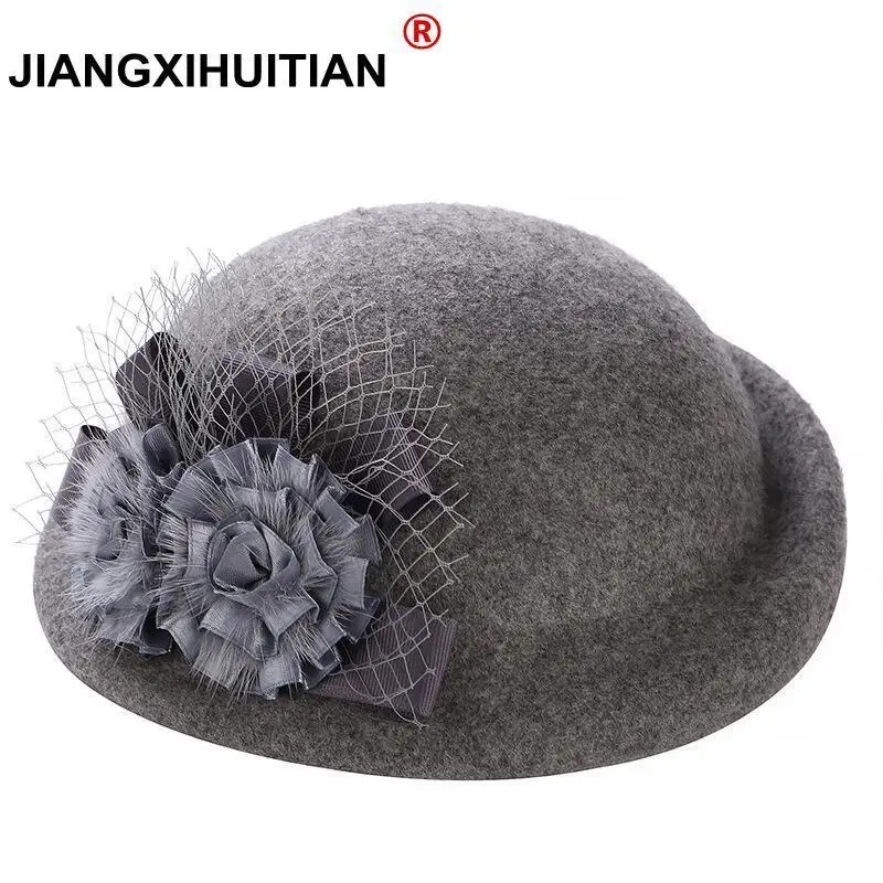 2017 new Winter Hat for Women Flower Warm Real fur Wool Beret Winter Cap Ladies Beanies Church Hats Cloche Bonnet Femme Fedoras