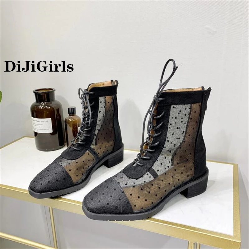 DiJiGirls/Летняя пикантная обувь из сетчатого материала; женские босоножки; пикантные женские туфли из замши и сетчатого материала с перекрестной шнуровкой и подковы на каблуке для банкета