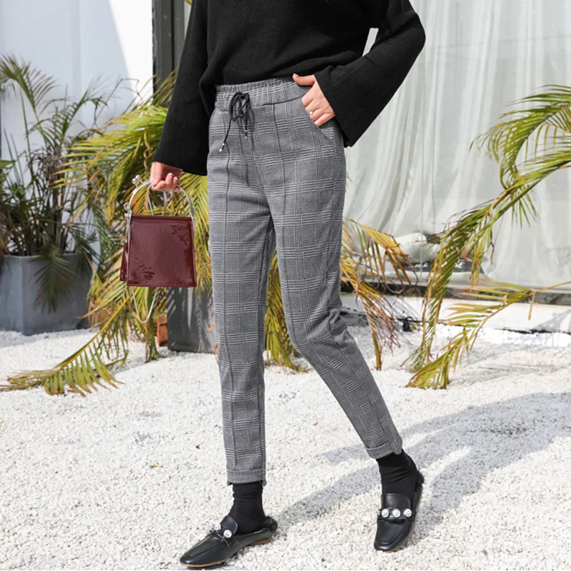 Spring 2019 new checked Hallen nine-point pencil pants Korean version of high-waist straight-barrel trousers | Женская одежда