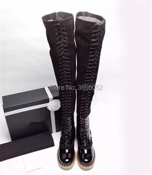 

Qianruiti Zapatos Mujer Patchwork Patent Leather Suede Overknee Booties Chain Embellished Lace Up Thigh High Boots Women Shoes