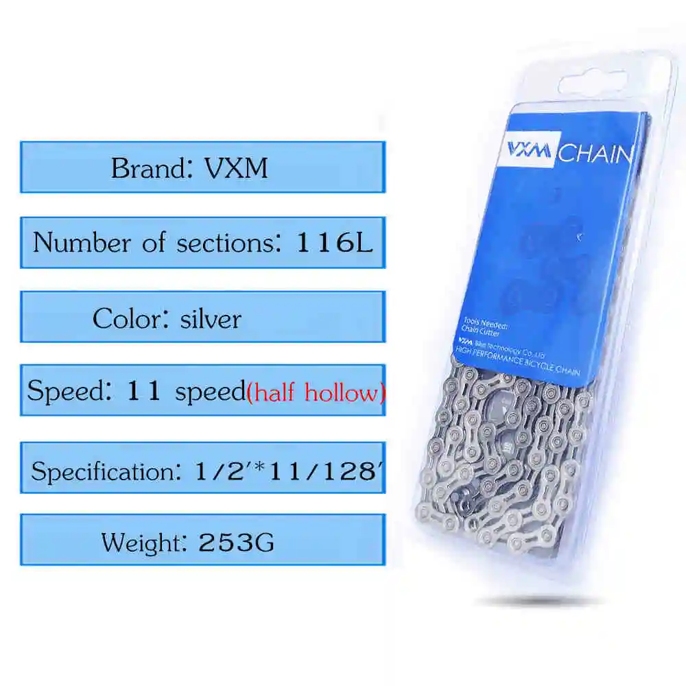 11S chain silver VXM 11 цепь для скоростного велосипеда Серебряная полуполая велосипедная цепь для горного велосипеда полые цепи сверхлегкие 116л Золотая велосипедная часть - Цвет: 11S chain silver