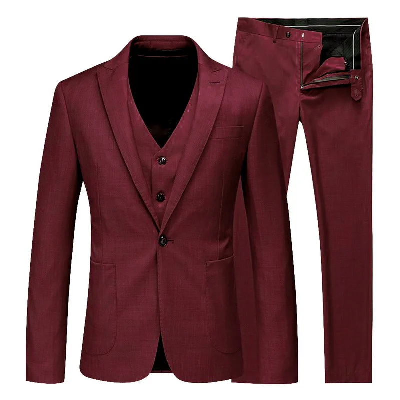 wine red Laamei, мужские однотонные классические пиджаки из 3 предметов, мужской деловой блейзер+ жилет+ брюки, комплекты, весна-осень, тонкий свадебный комплект - Цвет: wine red