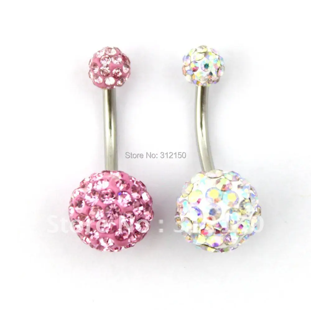 

12pcs/lot Free Shipping Wholesale Fashion Body Jewelry Double Gem Full Crystal Belly Ring Pink Rainbow Color Navel Jewelry