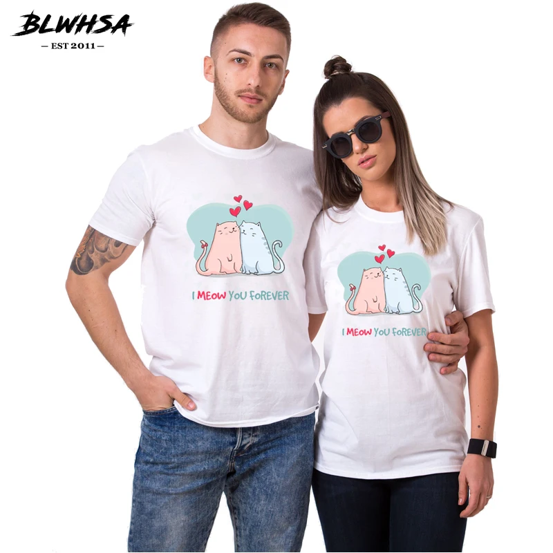 

BLWHSA Lovers T Shirt Woman Man Print I Meow You Forever Cotton Top Tees Couple Clothing Cat Animal Cartoon T-Shirt For Lovers