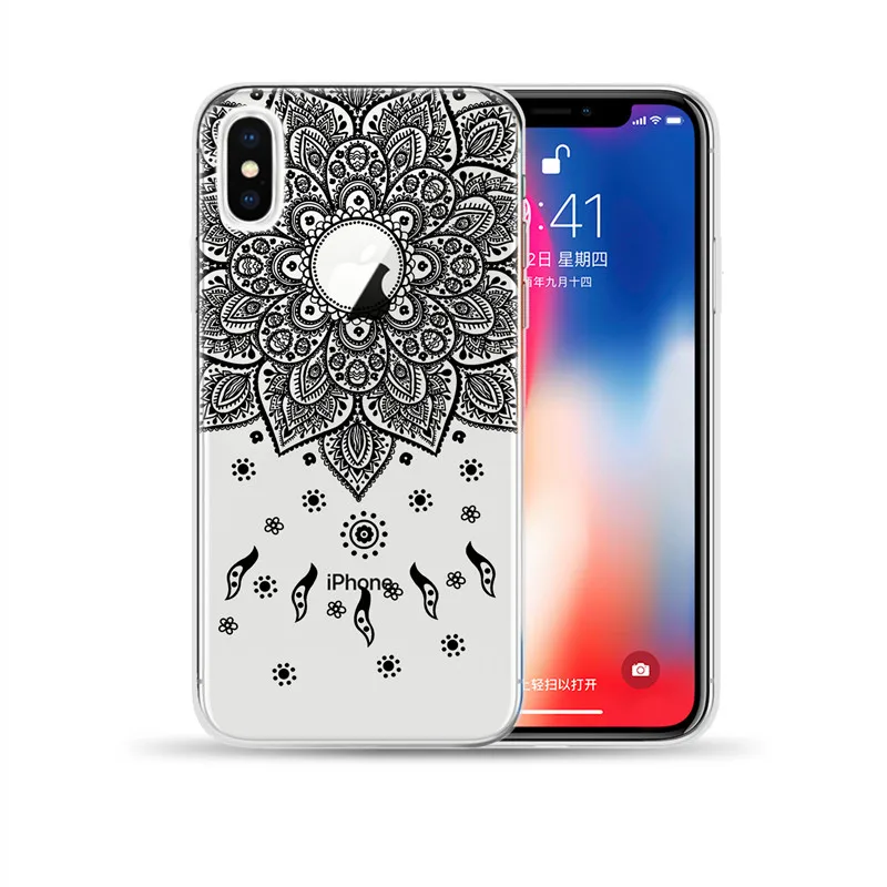 Черный сексуальный цветочный ТПУ чехол для iPhone XR XS Max 5 5S SE X 6 6S 7 8 Plus Мандала