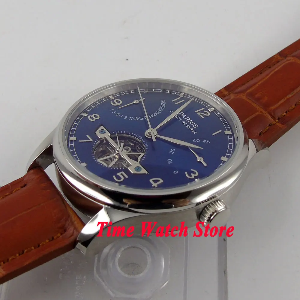 Часы Parnis 43 мм с синим циферблатом и датой резервным запасом энергии коричневым