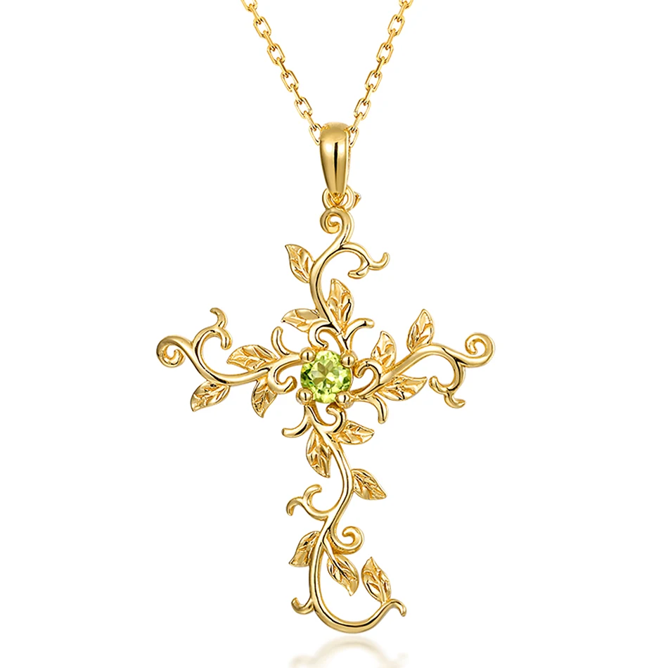 peridot ALLNOEL Настоящее 925 пробы серебро натуральный перидот драгоценный камень кулон лоза крест ожерелье для женщин золотой цвет свадебные украшения подарок - Цвет камня: peridot