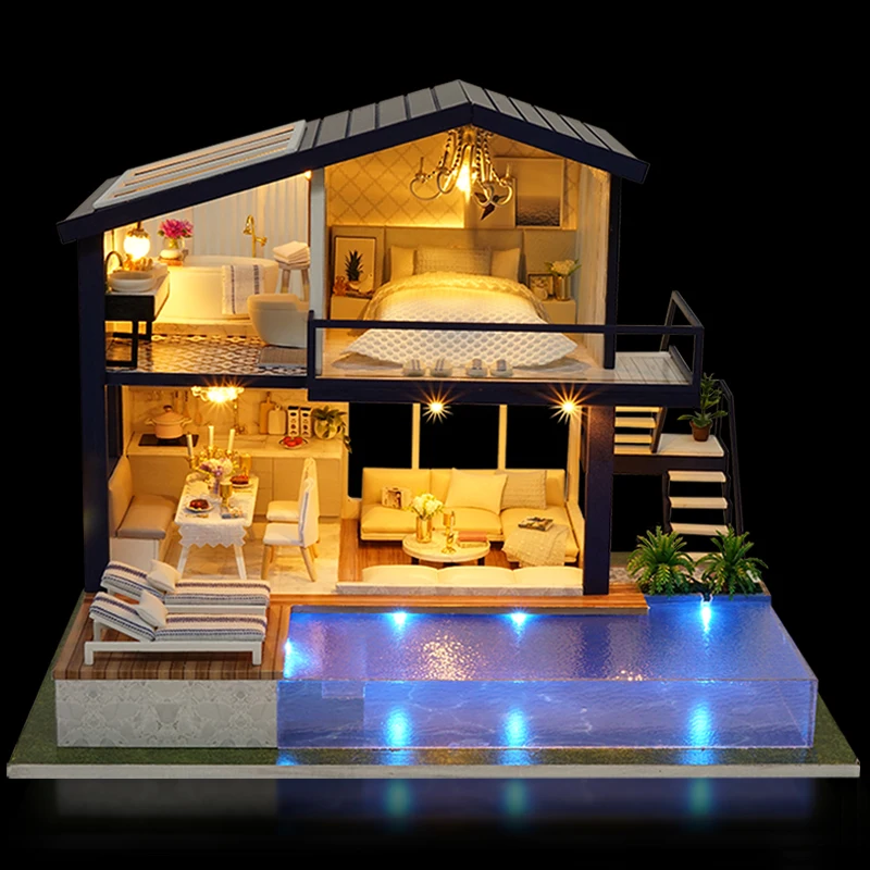 

Large 3D DIY Doll House Miniature With Furnitures Dollhouse villa Model With music kit Wooden Toys -Time Apartment