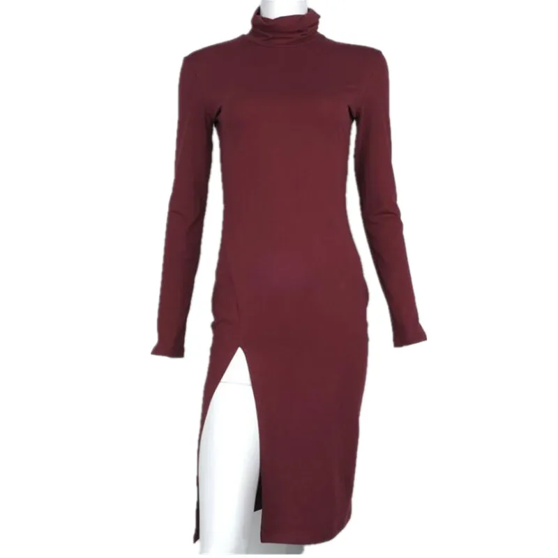 Fashion Ladies Long Sleeve Turtleneck Side Open Elastic Winter Dress Slim Fit Skinny Tight | Женская одежда